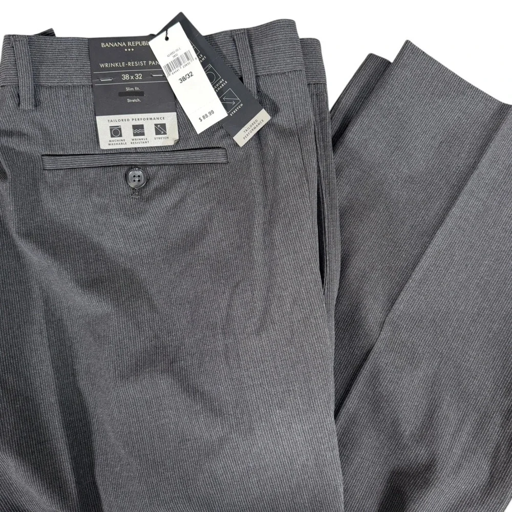 Banana Republic Dress Pants Slim Fit Mens 38x32 Grey Wrinkle-Resist Stretch NWT